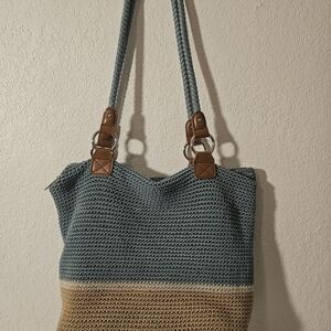 Croft & Barrow Colorblock Crochet Shoulder Bag Blue Tan Zipper Accents